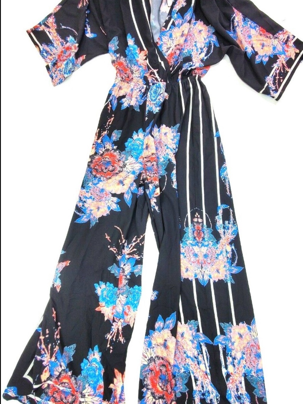 Flying Tomato Black Floral Wide-Leg Jumpsuit with Blue & Pink Blooms, Small